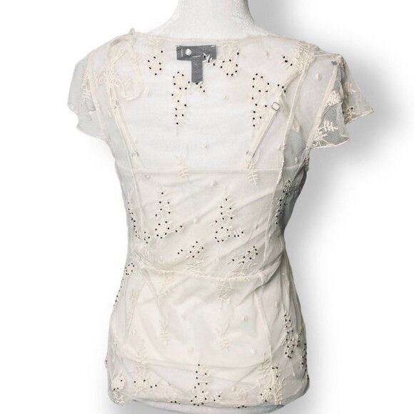 NWOT Jessica Simpson XS Cream Lace Beaded V Neck Sheer Blouse Sheer w/Camisole - Picture 4 of 11